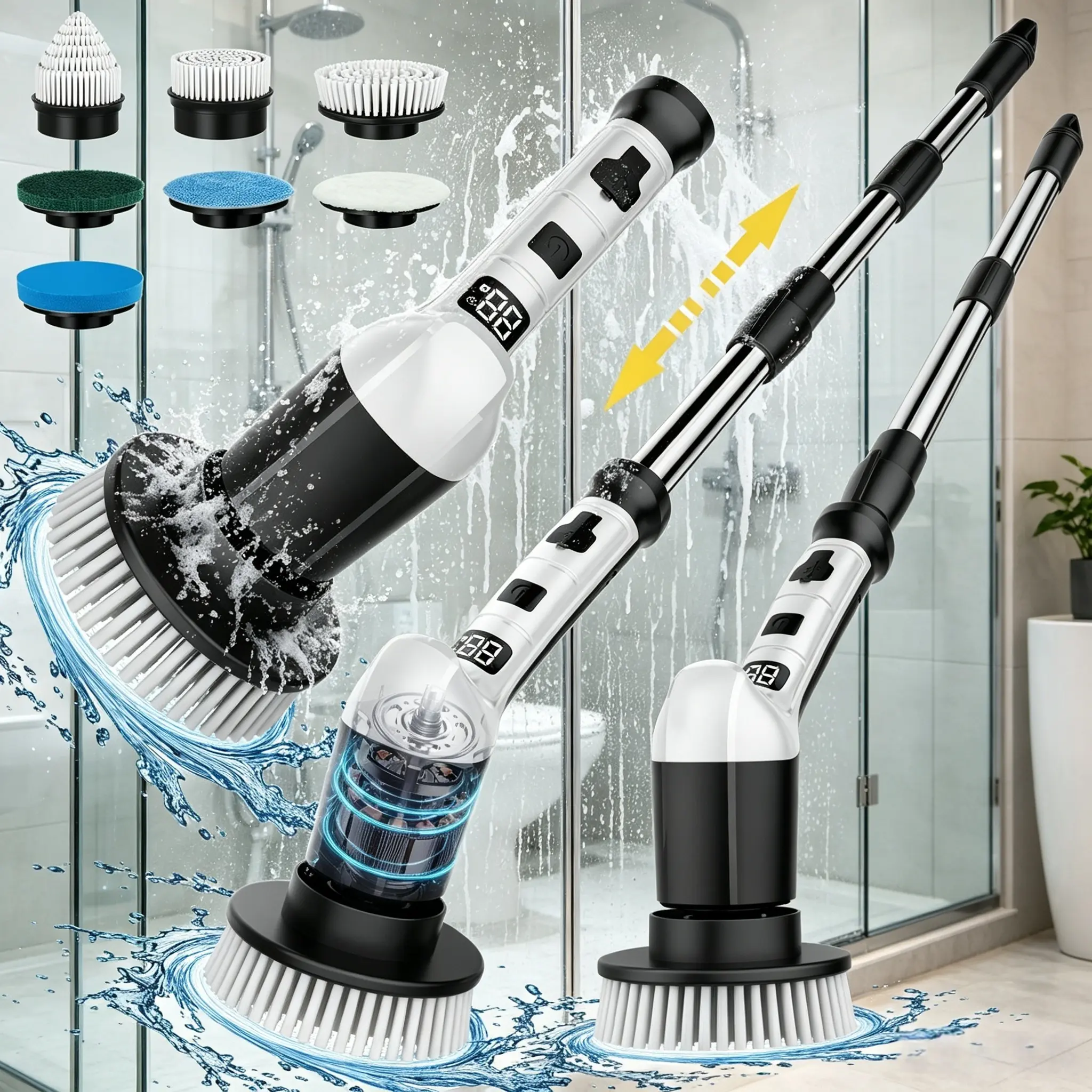 Black LCD Display Electric Surface Cleaner Brush - ABS Plastic, 3-Speed Adjustable, Extendable Handle, Replaceable Head, Waterproof, Fast-Charging, 280 RPM, 100-Min Runtime, Spin Cleaning for Daily Bathroom, Kitchen Use, Fastcharging, Reduces Cleaning Tim