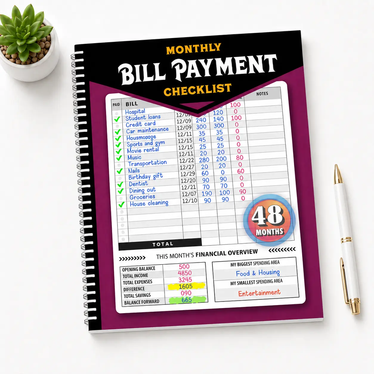 Personal Monthly Budget Finance Tracker Paperback Notebook - 4-Year 960-Record Bill Payment Journal for Household Financial Management, All-in-1 Accounting Supply for Expense Monitoring & Account Recording
