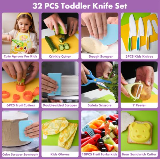 Kid 32 Pcs Safe Kitchen Knife Set - For Vegetables , Fruits, cheese and other foods Block Kitchen Knives Knife Block Kitchen Knives for Chrismas Gift
