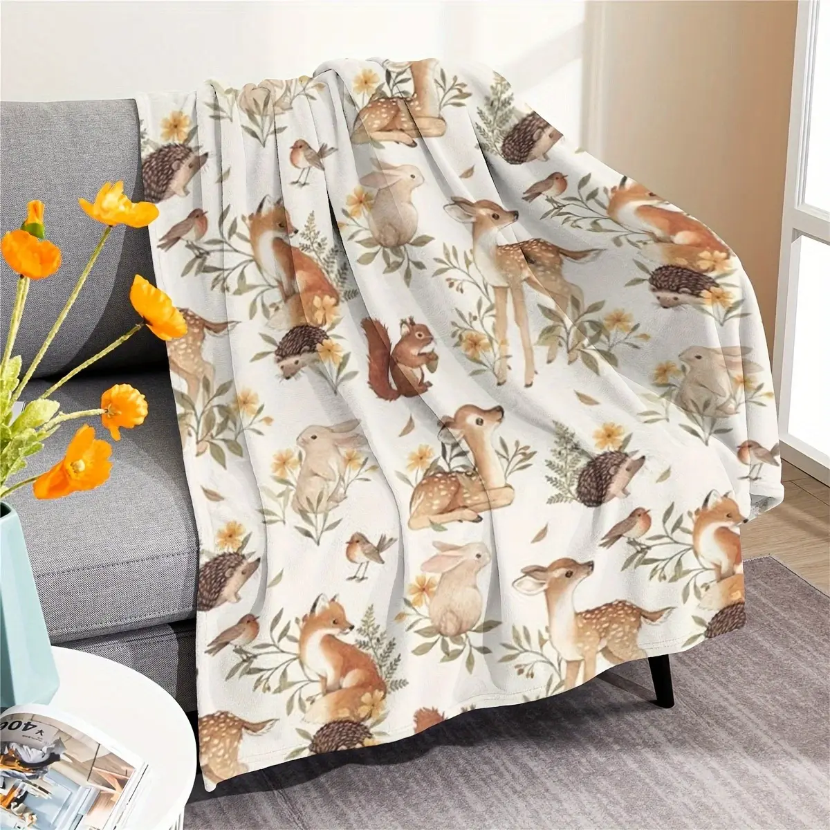 Watercolor Woodland Forest Animals Flannel Blanket - Fluffy, Body-Warming, Adorable Style, Animal Artwork, Character Graphic - Soft Cozy Plush Throw for Newborn Toddler Nursery Crib Bed, Perfect Baby Shower Gift, Fluffy Blankets, Adorable Style Blankets