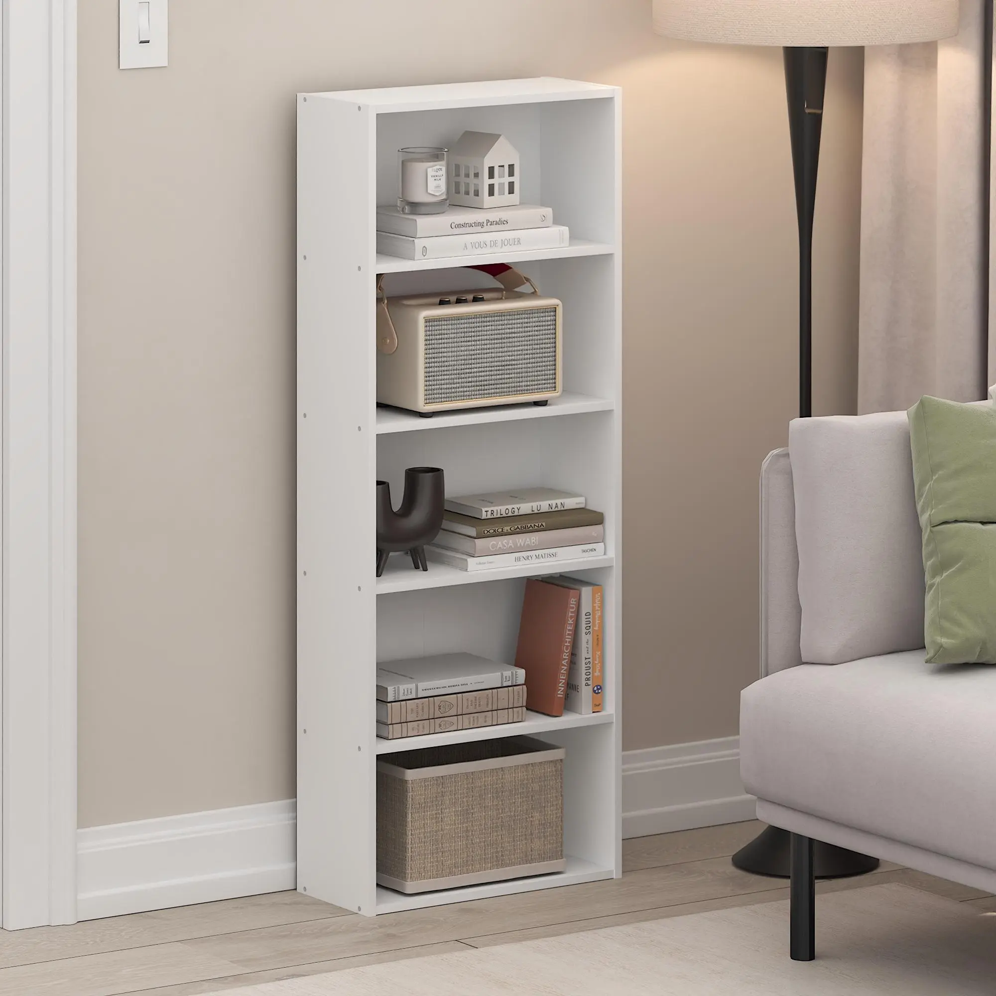 Contemporary 5-Tier Durable Composite Wood Cube Bookshelf Book Rack - Open Shelf Multi Layer Home Library, Easy Assembly Freestanding Storage System, 7x17x44 in, 43.7" Tall, for Living Room Bedroom Indoor Furniture, Open Shelf Bookshelf