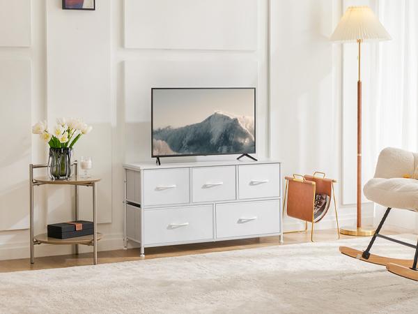 Sweet Furniture S - Organizer Storage 5, Chest of Drawers with Fabric Bins, Long Dresser with Wood Top for Bedroom, Closet, Entryway Sweet Furniture S - Organizer Storage 5, Chest of Drawers with Fabric Bins, Long Dresser with Wood Top for Bedroom, Closet, Entryway