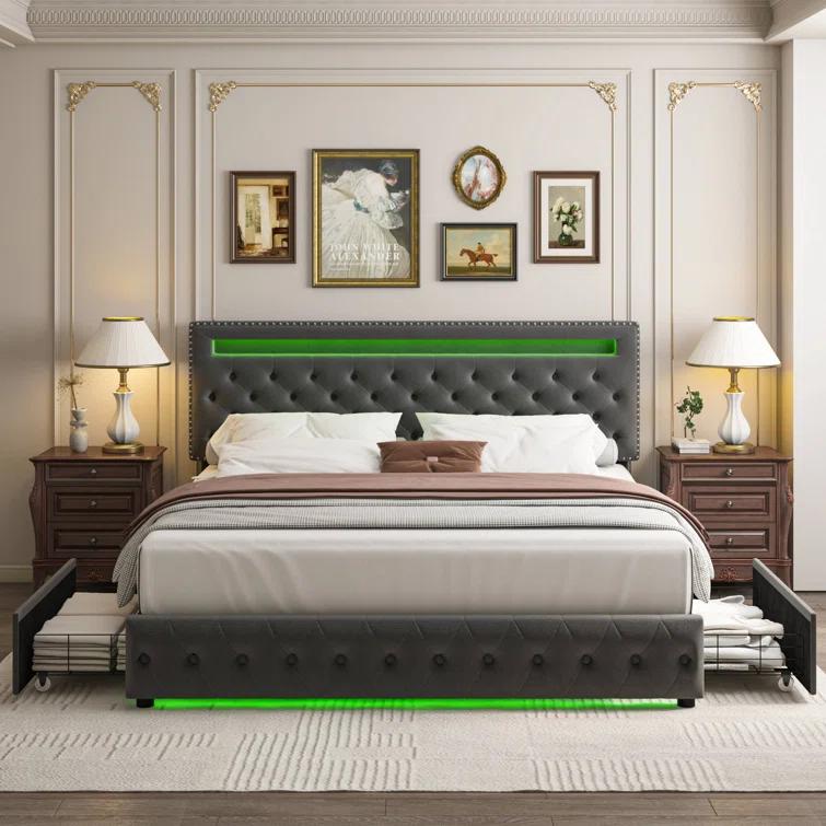 GEGOFORU Full LED Storage Bed Frame with 4 Drawers, RGB Upholstered Headboard with APP Control & Music Sync, Adjustable Headboard, No Box Spring Needed