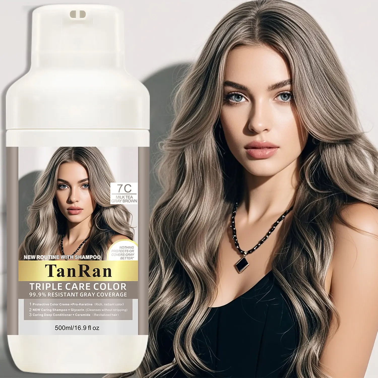 Triple Care Color 99.9% Coverage Cover Grey Hair Permanent Hair Dye, Hair Dye Cream, 7C Milk Tea, Long-Lasting 8 Weeks, All Hair Types, 500ML, Haircare, Hair Coloring, Gray Hair