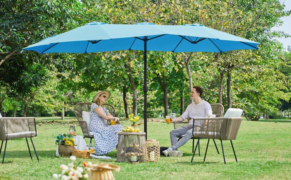 【Crazy Price】Yaheetech 15/13ft Heavy Duty Canopy Double Layer Cloth Patio Umbrella with 12 Ribs Hand Crank for Easy Opening 2 Sandbags Outdoor Design for Garden Pool and Lawn