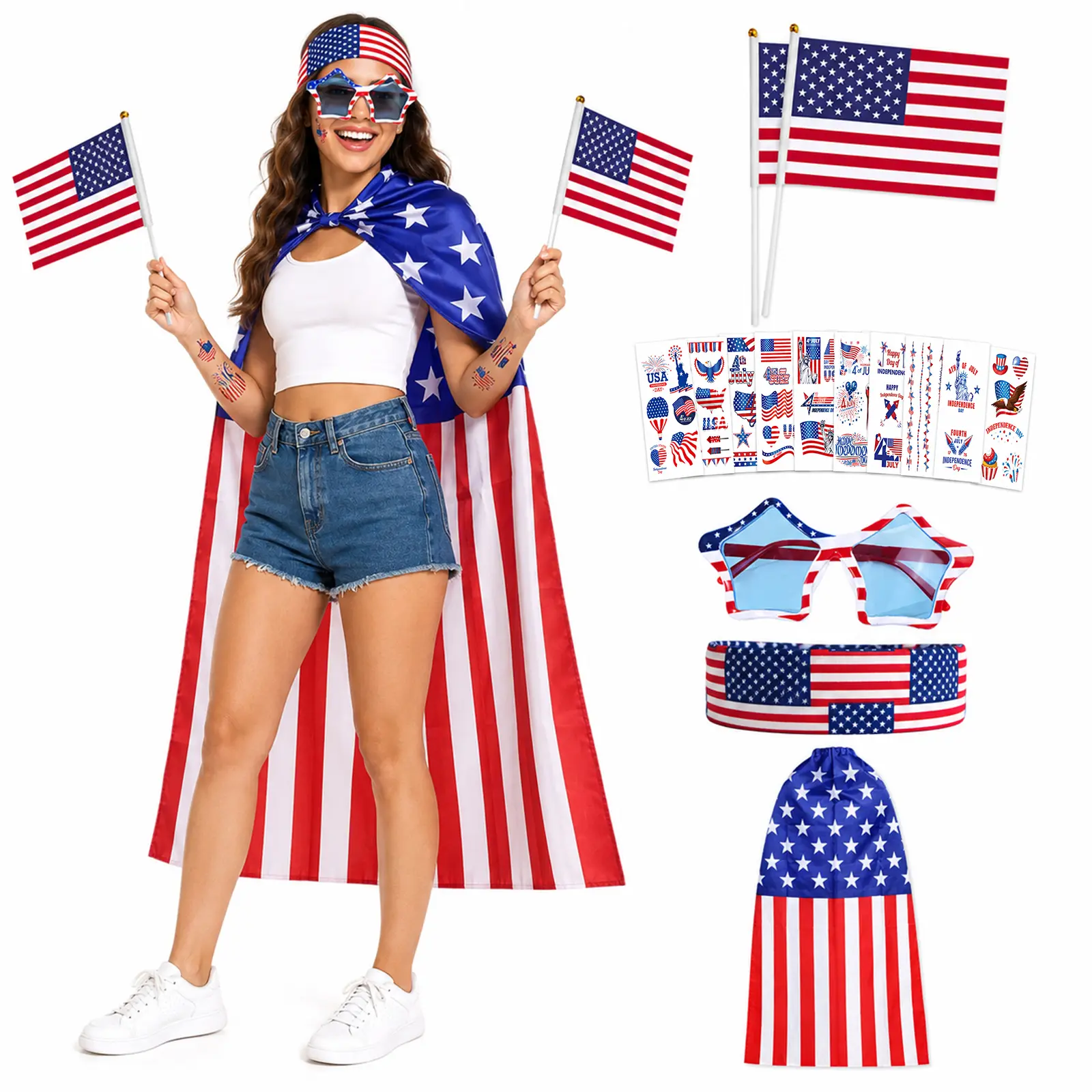 250th Anniversary American Flag Cape Costume Set,4th of July Outfits with Sunglasses Headband Flags Tattoos for Women Men