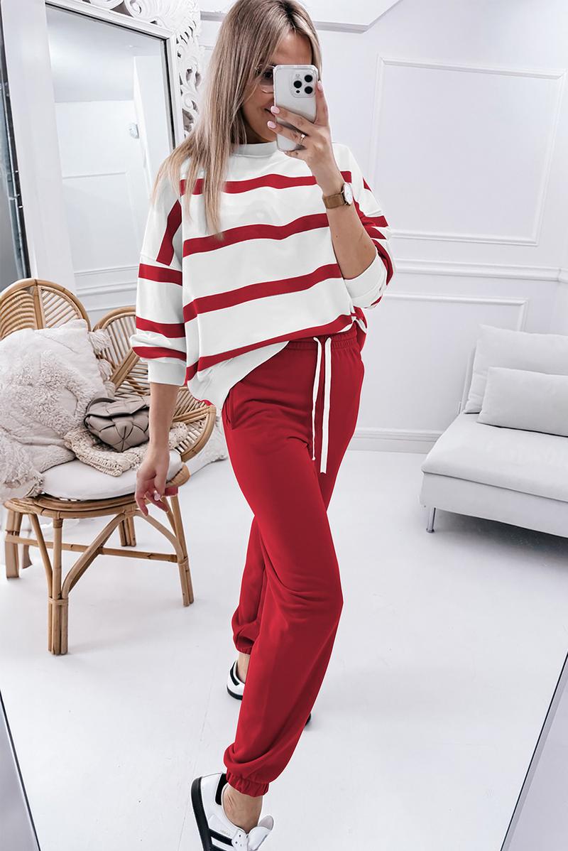 MULLVEIG Women's Stripe Drop Shoulder Pullover & Jogger Pants Set - Winter 2 Piece Lounge Outfit for Cozy Comfort Womenswear MULLVEIG Women's Stripe Drop Shoulder Pullover & Jogger Pants Set - Winter 2 Piece Lounge Outfit for Cozy Comfort Womenswear