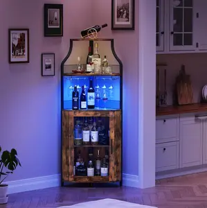 Corner Bar Cabinet, 61" Tall Farmhouse Wine Cabinet with Led Light & Detachable Wine Rack, 5-Tier Industrial Wine Cabinet with Glass Holder & Adjustable Shelves & Feet for Dining, Living Room, Kitchen