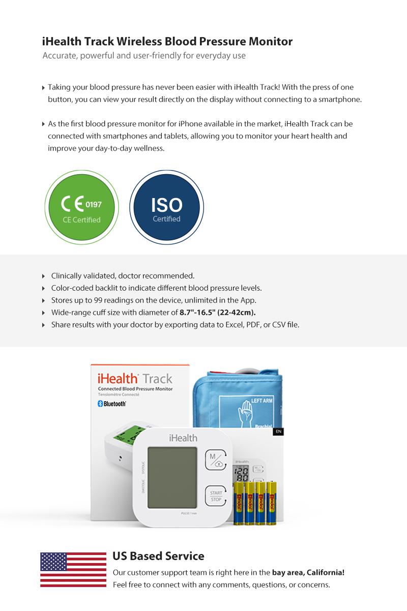 iHealth Track Smart Upper Arm Blood Pressure Monitor with Wide Range Cuff That fits Standard to Large Adult Arms, Bluetooth Compatible for iOS & Android Devices