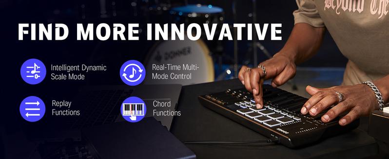 Donner DMK25 Pro MIDI Keyboard Controller, 25 Mini Key Portable USB-C MIDI Keyboard with 8 Drum Pads, OLED Display, Personalized Touch Bar, Music Production Software and 40 Free Courses