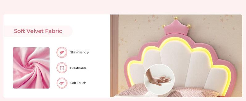 SIKAIC Girls Twin Bed Frame with Princess Crown LED Velvet Upholstered Platform Pink Adjustable Cloud Headboard Bedroom Bedframe