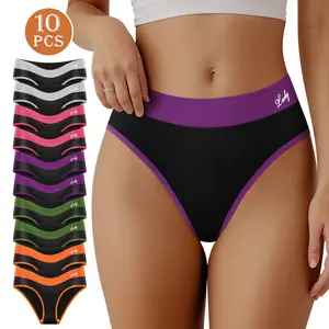 QUASTI 10-Piece Mid-Waist Butt-Lifting Women's Briefs - Color-Blocked, High Elasticity, Breathable Underpants , Soft and Comfortable Fabric, Stylish Panties in Multiple Colors, Womenswear Sizes S-XXL