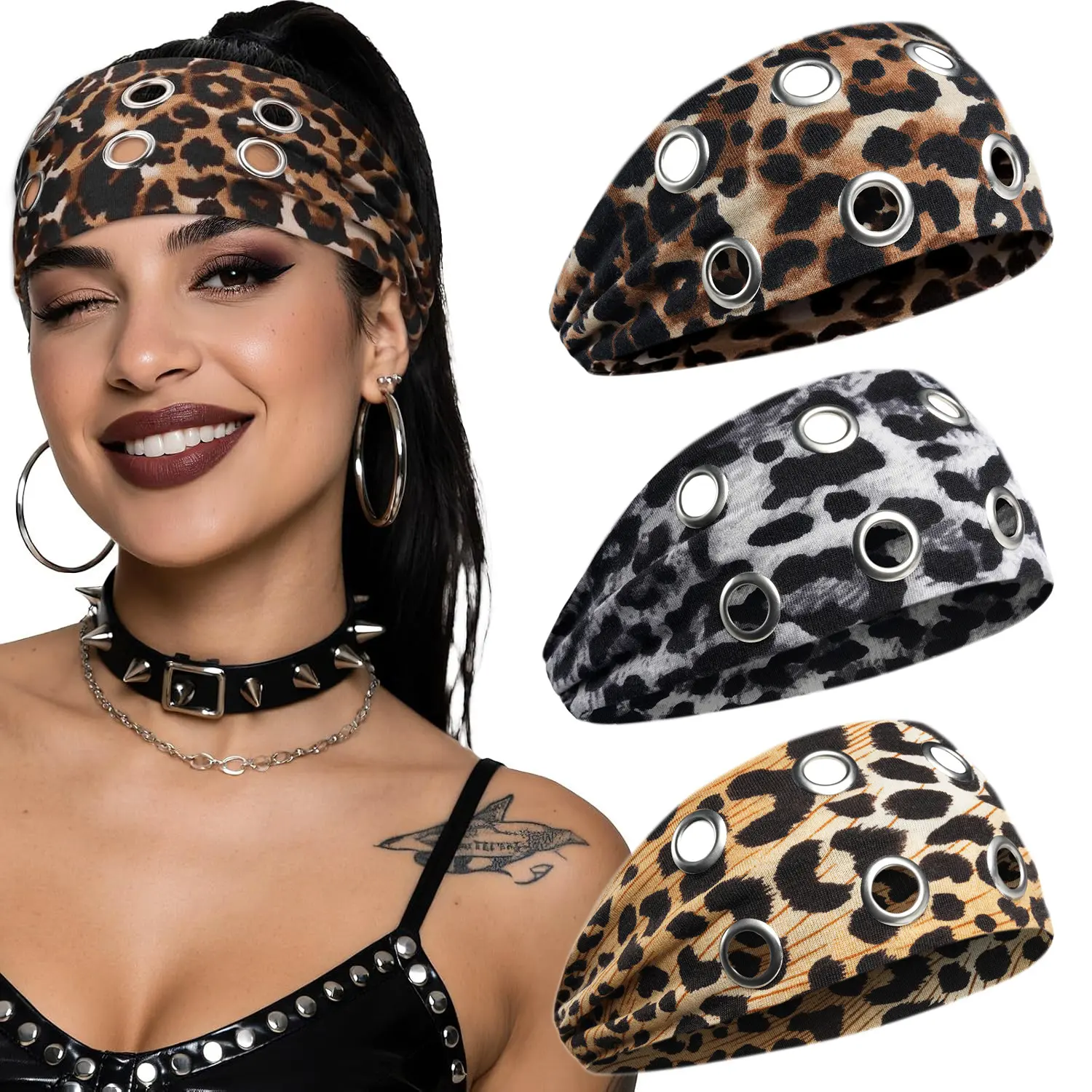 Y2K Punk Eyelet Headband for Women Men, Stretch Fabric Metal Grommet Wide Hair Band, Hip Hop Rock Leopard Print Sweat Hair Wrap