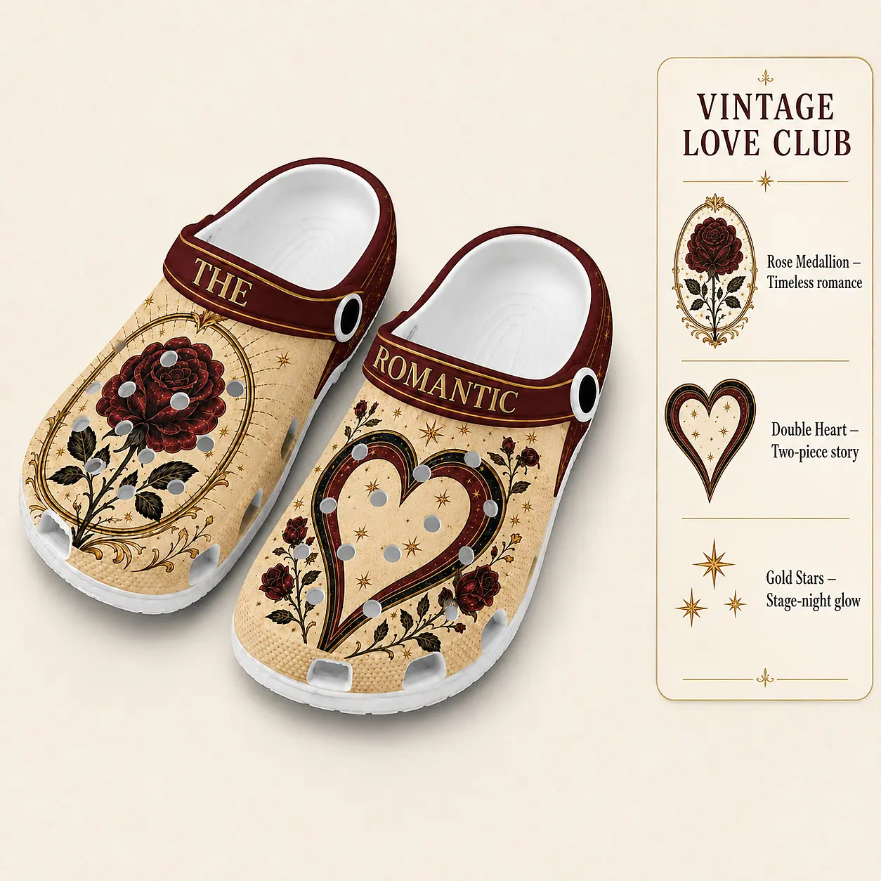 Unisex Vintage Rose Heart Romantic Graphic Foam Clogs - Lightweight Breathable Slip On Garden Shoes Fashion Gift