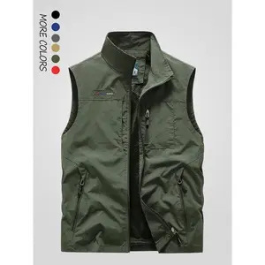 Men's Solid Pocket Zipper Funnel Neck Gilet, Regular Fit Casual Sleeveless Outerwear for Fall & Winter, Men's Clothes for Outdoor Activities