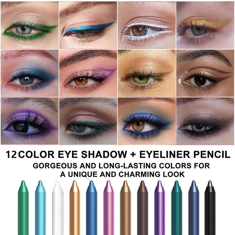 12Pcs Colored Gel Glitter Eyeliner Pencils Set – Waterproof Smudge-Proof Eye Liner Kit with Dark & Light Shades, Emerald Green, Sky Blue, Royal Blue, Black, White, Pink, Purple, Brown, Gold – Long-Lasting Liquid & Pencil Delineadores