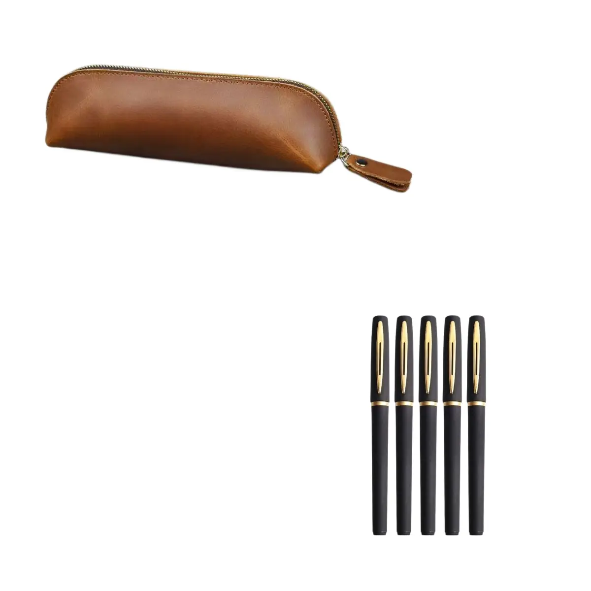 2-Piece Set Handmade Leather Pencil Case with Zipper, 5 Gel Pens, Ideal for Office & Study, Perfect Gift Option