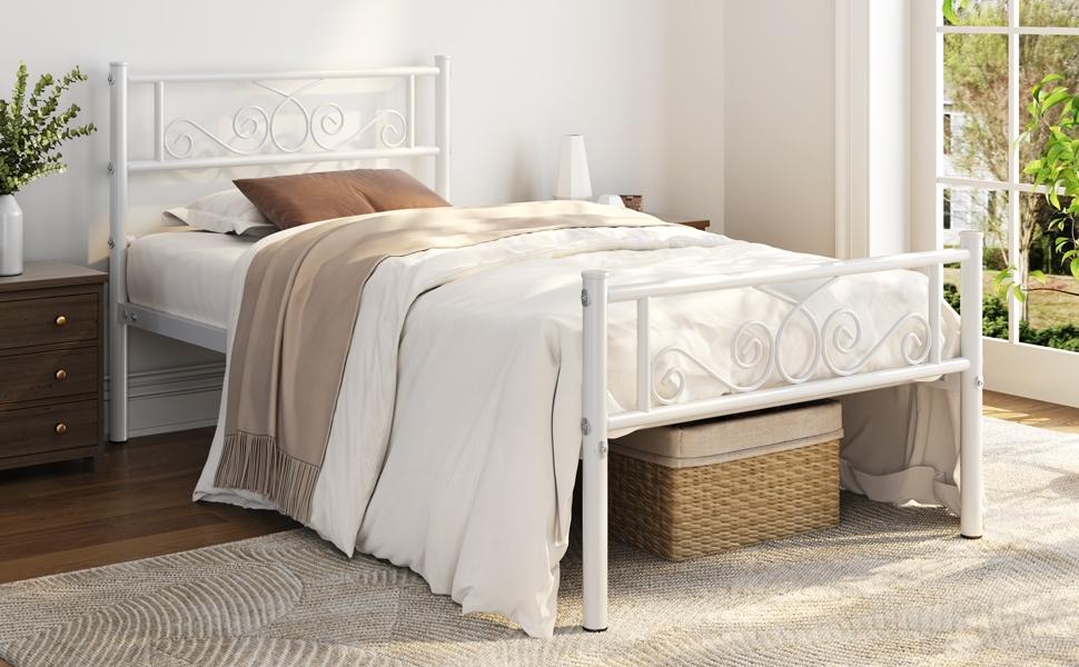 【Metal scroll design】Yaheetech Bed Frames Metal Platform Bed with Headboard and Footboard No Box Spring Needed Easy Assembly,Under-Bed Space