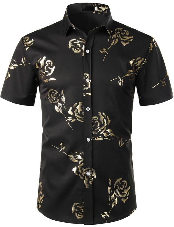 ZEROYAA Mens Hipster Gold Rose Printed Slim Fit Short Sleeve Button Down Dress Shirts