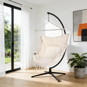 Single Hammock Chair with 2 Cushions, Hammock Swing, Macrame Hammock with High Load-Bearing Metal Rod, Indoor＆Outdoor