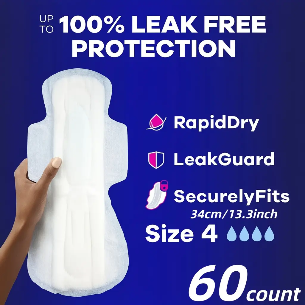 Women's Extra Wings Night Pads (60pcs, 340mm Extra Long) - Ultra Thin, Breathable, Dry, High Absorbent, Hypoallergenic, Soft Cotton, Comfortable, Flexible Fit, Cost-Effective Large Pack (60-70% Less Than Popular Brands)