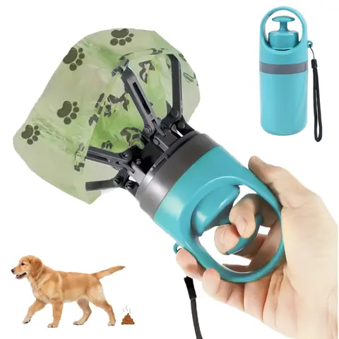Teal Green Dog Pooper Scooper - Plastic Claw Grabber with Leakproof Odor Seal Bin, Concealed Waste Removal Storage, 15-Piece Bag Attachment, Compact Portable Dispenser, 1-Motion Grip for Hiking Trips & Walking Outdoor Use
