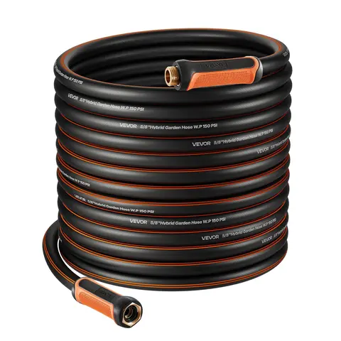 VEVOR 100ft Outdoor High-Pressure Hybrid Rubber Garden Hose, 4-Layer Heavy-Duty, 150 psi Working/600 psi Burst, 360° Flexible Anti-Kink Design, 14.3lb Lightweight, All-Weather 5/8 in & 3/4 in Leak-Proof Fittings for Gardening, Cleaning