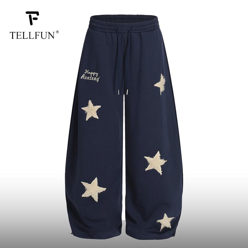 TELLFUN 2026 Men‘s Star Embroidered Jogger Pants Loose Fit Barrel Leg Sweatpants with Stretch Fabric and Drawstring Waist Y2K Streetwear Style；Unisex