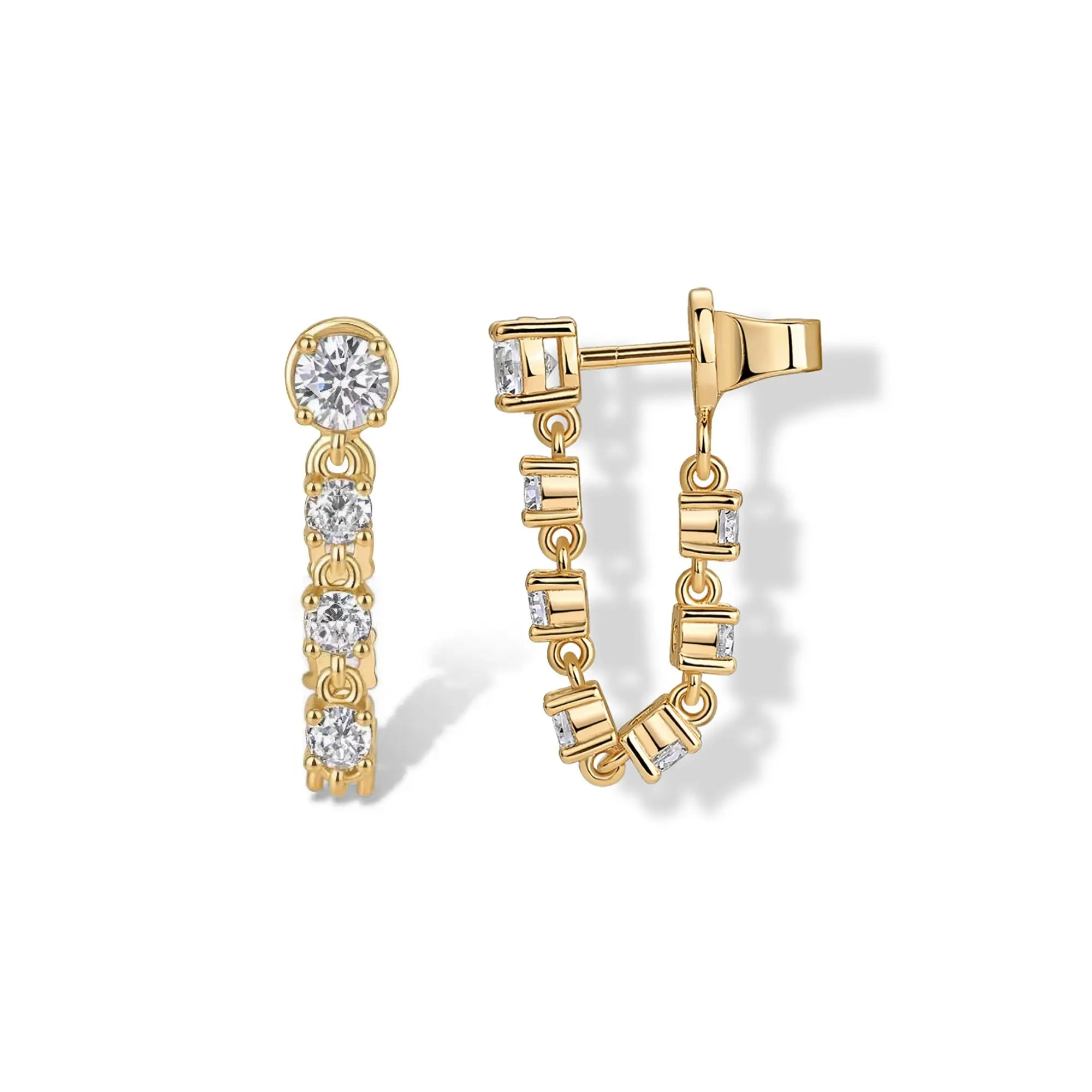 PAVOI Cubic Zirconia Chain Earrings for Women, 14K Gold Plated CZ Huggie Dangle Earrings, Hypoallergenic Earrings with 925 Sterling Silver Posts