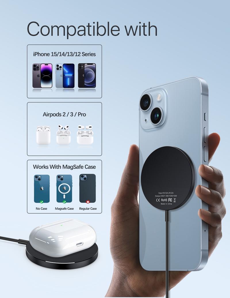 Magnetic Wireless Charger, 15W Fast Magnetic Charger for iPhone 15/14/13/12 Series and AirPods 3/2/Pro, Mag-Safe iPhone Wireless Charging Pad with Magnetic Sticker Included Ideal as Gifts