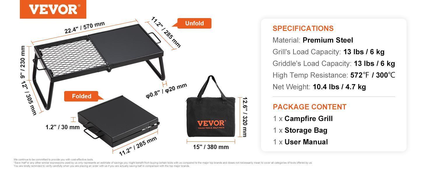 VEVOR Folding Campfire Grill, Heavy Duty Steel Mesh Grate, 22.4" Portable Camping Grates Over Fire Pit, Camp Fire Cooking Equipment with Legs Carrying Bag, Grilling Rack for Outdoor Open Flame Cooking