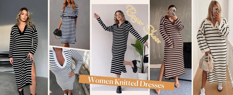 Imily Bela Womens Striped Summer Dresses Short Sleeve V Neck Knit Collared Sexy Slit Loose Maxi Sweater Dress