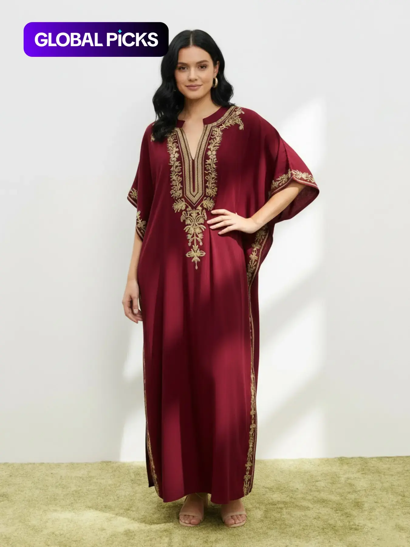 Women's Ethnic Pattern Embroidery Notched Neck Split Hem Boho Kaftan Dress, Kaftan Style, Casual Batwing Sleeve Maxi Long Dress for Daily Wear, Ladies Clothes for All Seasons, Muslim Women Gowns, Islamic Clothing