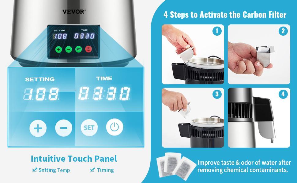 VEVOR 1.1 Gal Water Distiller, TikTokShopBlackFriday, 0.3 Gal/H, 750W Distilled Water Maker Machine 0-99H Timing Set Temp Display, 304 Stainless Steel Countertop Distiller Glass Carafe Cleaning Powder 3 Carbon Packs, Silver VEVOR 1.1 Gal Water Distiller, TikTokShopBlackFriday, 0.3 Gal/H, 750W Distilled Water Maker Machine 0-99H Timing Set Temp Display, 304 Stainless Steel Countertop Distiller Glass Carafe Cleaning Powder 3 Carbon Packs, Silver