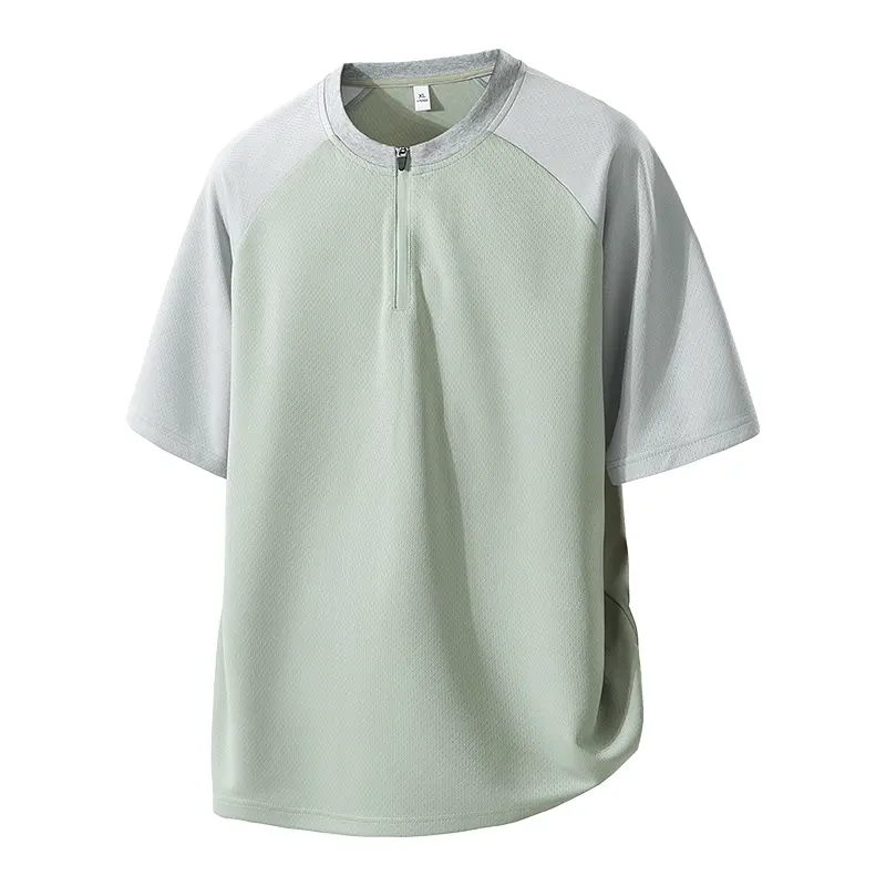 Men’s baseball collar half-zip short-sleeve summer lightweight breathable loose color-block raglan sleeve T-shirt for teens—trendy casual sports, versatile short-sleeve top