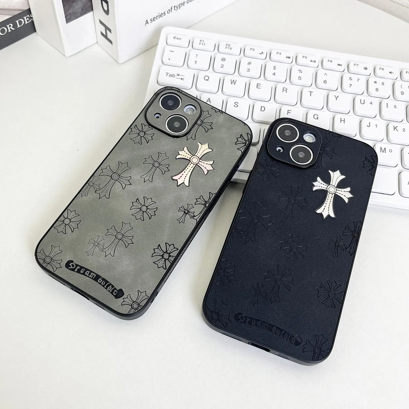 Pure Leather Cross Logo Cellphone Case - Luxury Plain 0.8mm Ultra-Thin Non-Slip Business Casing for iPhone 17/16/15/14/13 Pro Max, 16/15 Plus (2024, 6.1in, Black) - Wireless Protection with Raised Lips Accessories, Anti-Fingerprint