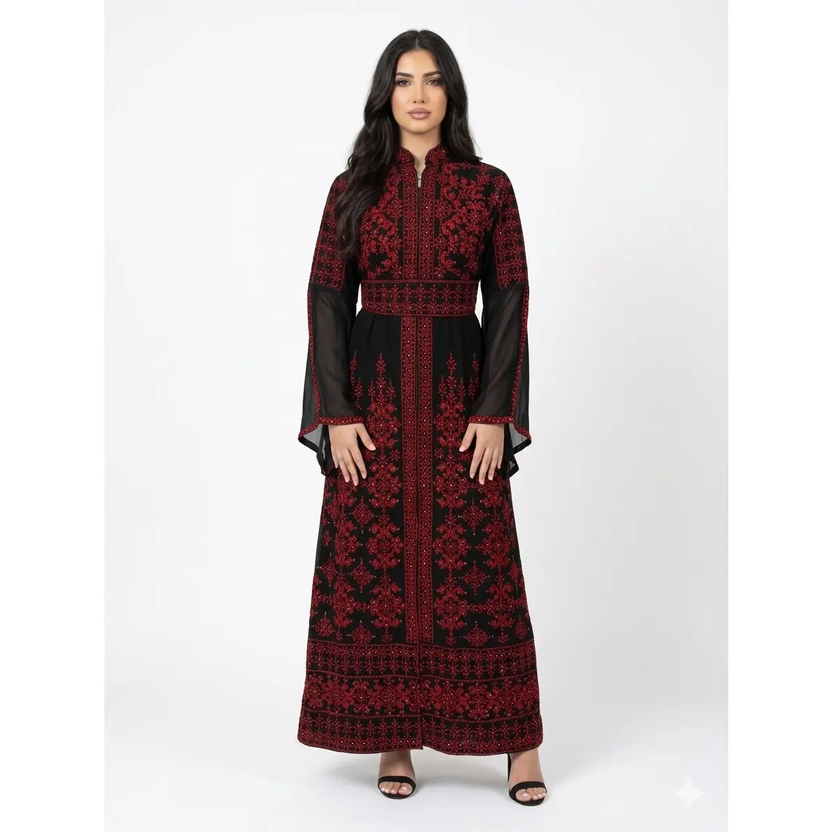 Front Zipper Embroidered Abaya Dress with Belt – Modest Maxi Abaya for Women