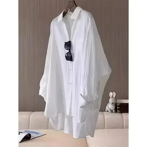 Plus Size Solid Color Button Front Shirt, Casual High Low Hem Long Sleeve Shirt For Spring & Fall, Women's Plus Size Clothing Top White