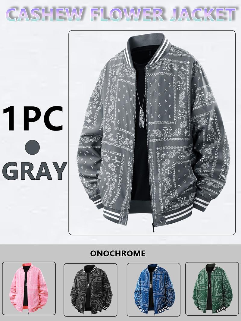 Men's Casual Cashew Flower Varsity Jacket, Vintage Lightweight Bomber Baseball Collar Jackets, Classic Fabric, Men's Fashion Stylish, Men's jackets, Streetwear, Men's Clothing Halloween Gifts