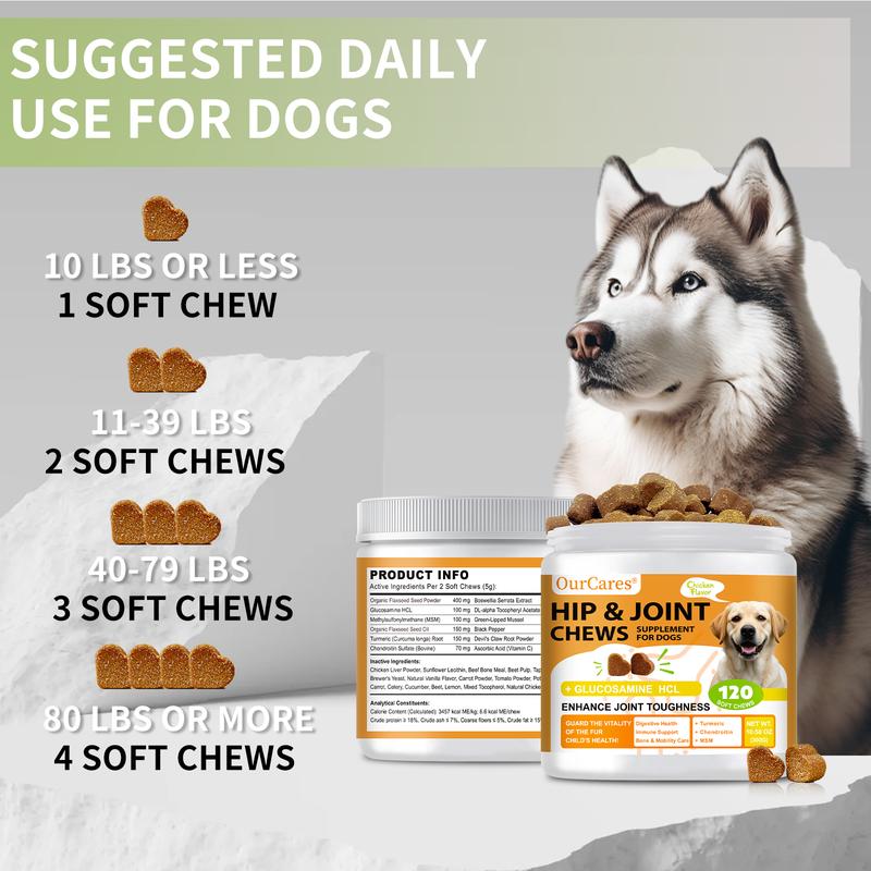 OurCares  Hip and Joint for Dogs Glucosamine for Dogs Hip and Joint Supplement with Chondroitin MSM Vitamins C & E - Chicken Flavor 120 Soft Chews Pet Daily Chews Snacks