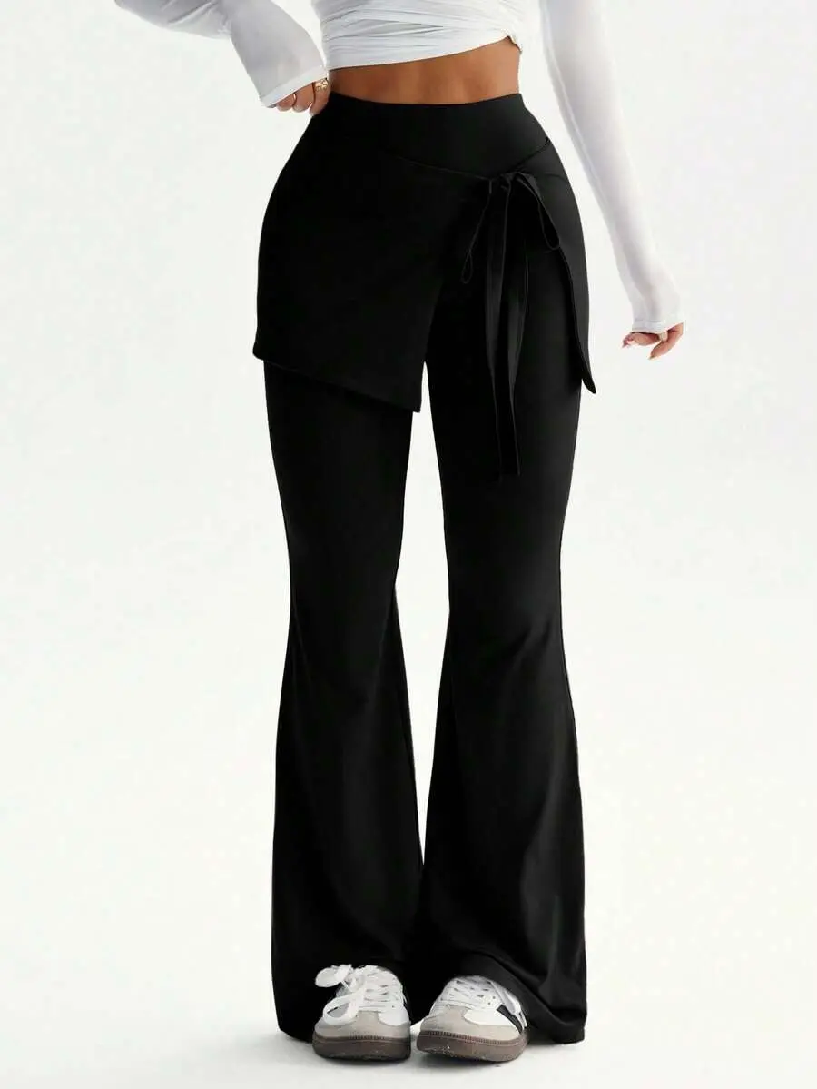 SLAYAURA Flared Pants With Criss-Cross Lace-Up, Easy To Create Korean Casual Style Black Spring Sports
