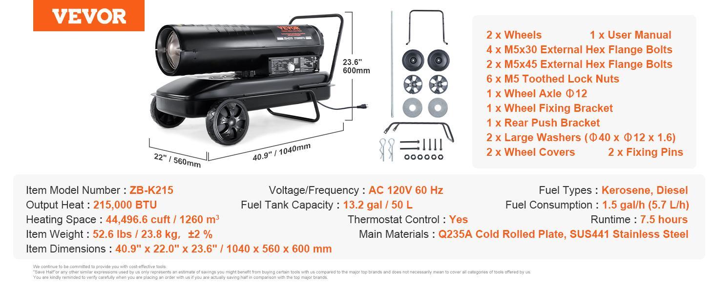VEVOR Kerosene Forced Air Heater, 70000 BTU Portable Torpedo Diesel Space Heater with Thermostat, 5 Gallon Tank Energy-Efficient heavy-duty Heater, for Indoor Outdoor Use Workshop Industry