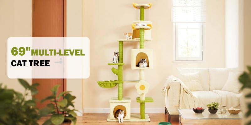 EROMMY 69'' Multi-Level Cat Tree Tower, Cute Cat Tree With Cat Scratching Posts for Indoor Cats , Tall Cat Climbing Tower With Cat House, Cat Bed, Stylish Cat Furniture, Green & Yellow