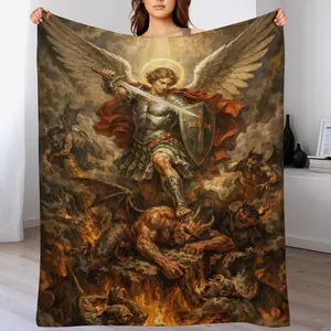 Saint Michael the Archangel Throw Blanket , Archangel Michael Protector Plush Blanket ，St. Michael Vanquishing Satan Blanket  , Soft Flannel for Catholic Devotional & Warrior Faith Home Decor