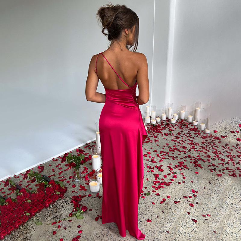 Sexy One-shoulder Backless Slit Dress Summer Elegant Slim-fit Solid Color Satin Dresses For Women