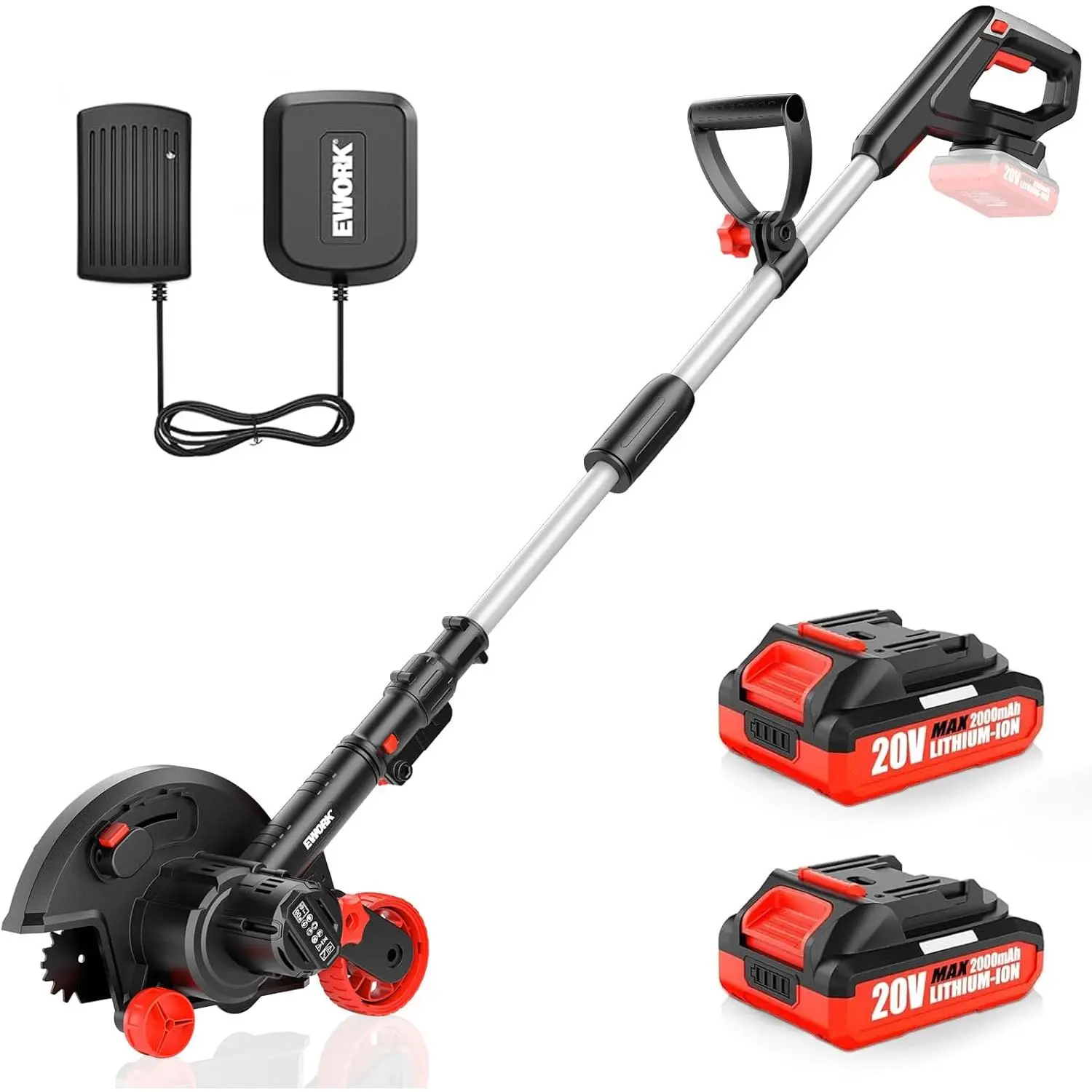 EWORK 20V Cordless Lawn Edger with 2 Batteries & Charger, Battery Powered Edger Lawn with 9" Metal Blade, 4 Adjustable Depth, Adjustable Handle, Dual Wheels, for Lawns, Driveways, Sidewalk Edges Red