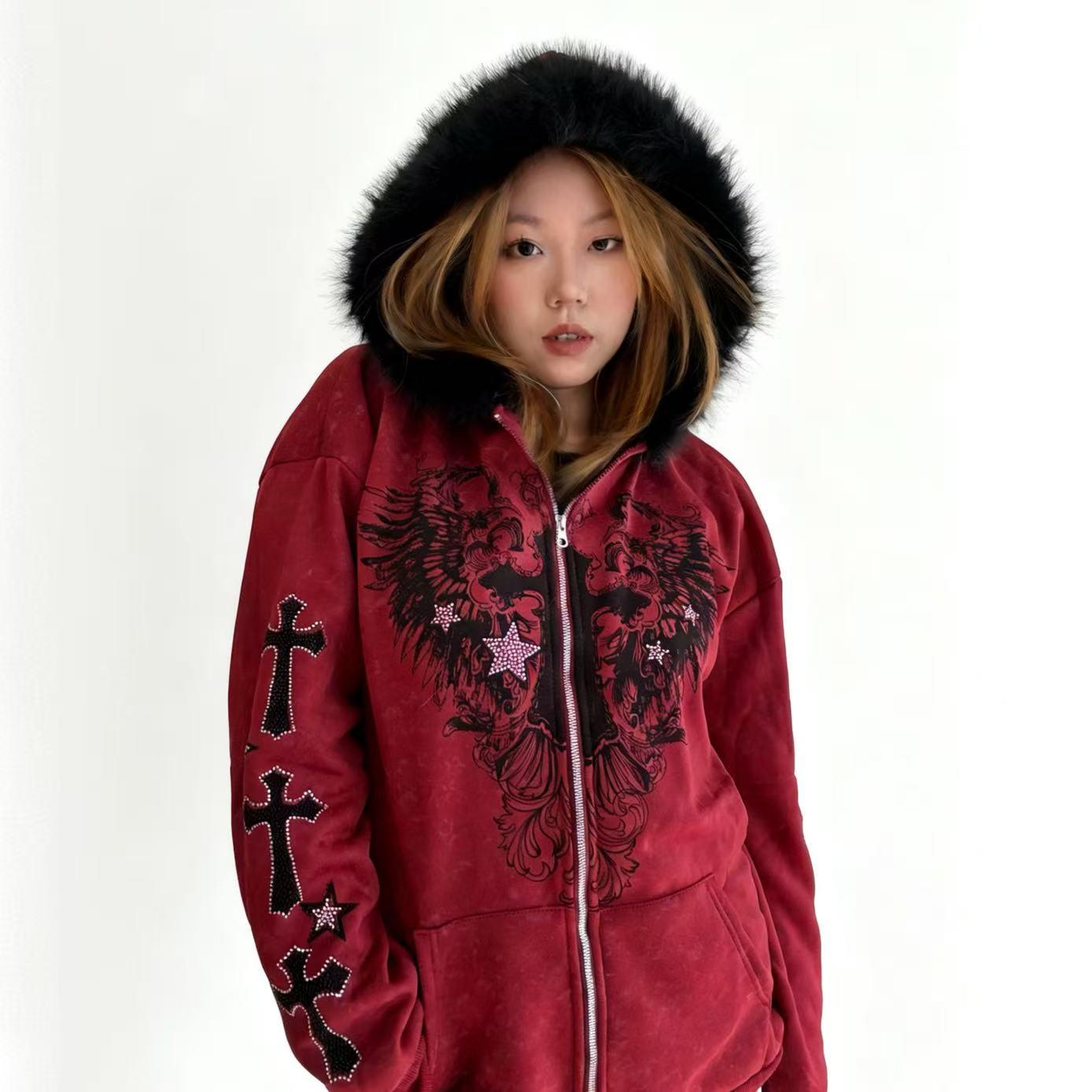 ALIELNOSIRRAH 'Divine Night' Gothic Cross Zip Up Hoodie Faux Fur
