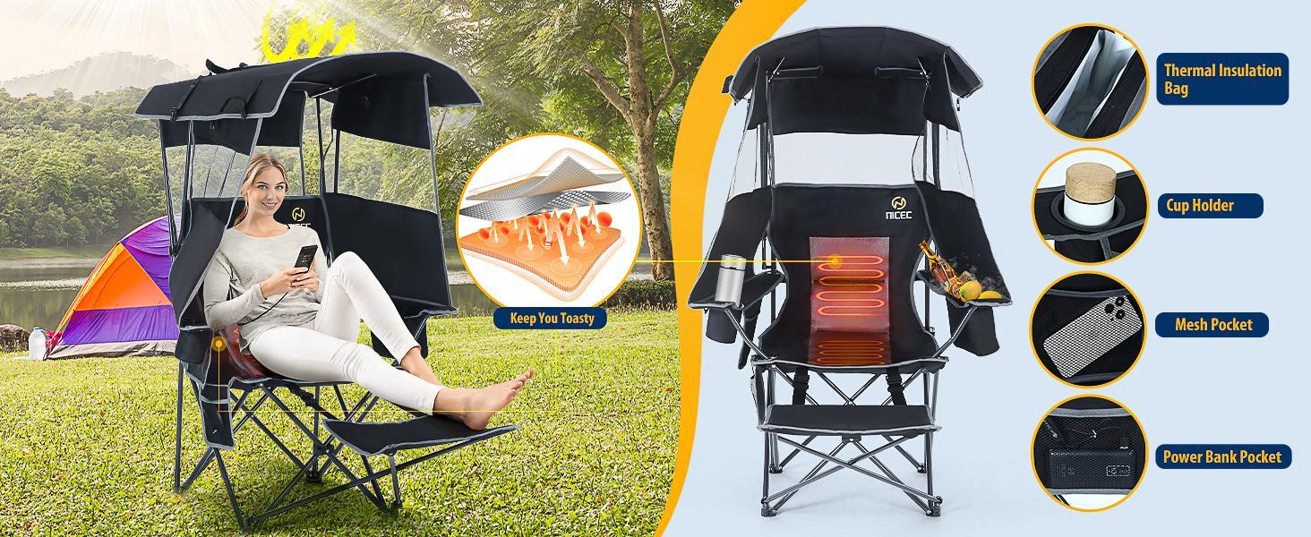 Nice C Chair with Canopy, Heated Camping Chair with Battery, Outdoor Sports Chairs with Shade, Heated Folding Umbrella Chairs, with Removable Footrest (1-Pack) Nice C Chair with Canopy, Heated Camping Chair with Battery, Outdoor Sports Chairs with Shade, Heated Folding Umbrella Chairs, with Removable Footrest (1-Pack)