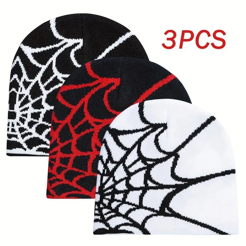 3-Pack Knitted Streetwear Beanies, Unisex Gothic Retro & Hip Hop Style Winter Hats, Warm Casual & Machine Washable, Funky Unique Accessories, Goth Hats, Accessories Adults, Matching Hats, Clothes