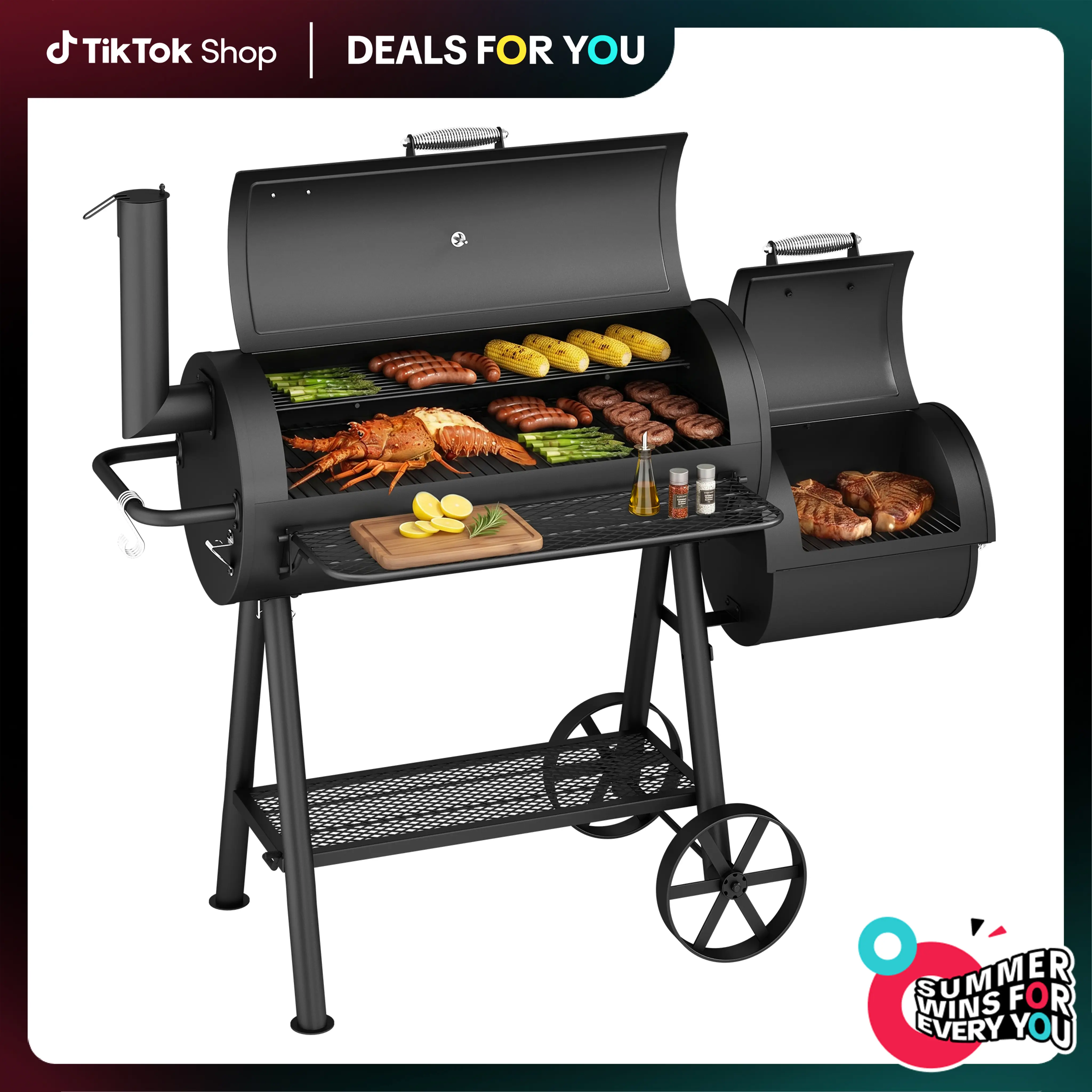 Captiva Designs Heavy Duty Outdoor Smoker, BBQ Charcoal Grill with Offset Smoker, Large 512 SQ.IN. Cooking Area, Smokeless Design Portable Grill for Backyard